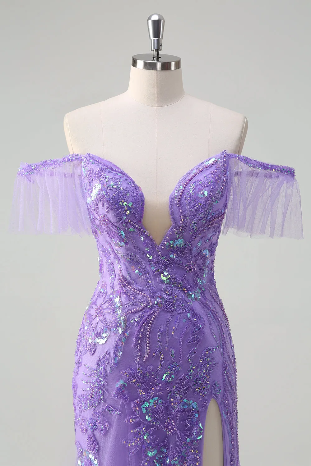 Sparkly Purple Tulle Mermaid Off the Shoulder Sequin Prom Dress with Slit sold by Zapaka product image thumbnail 4