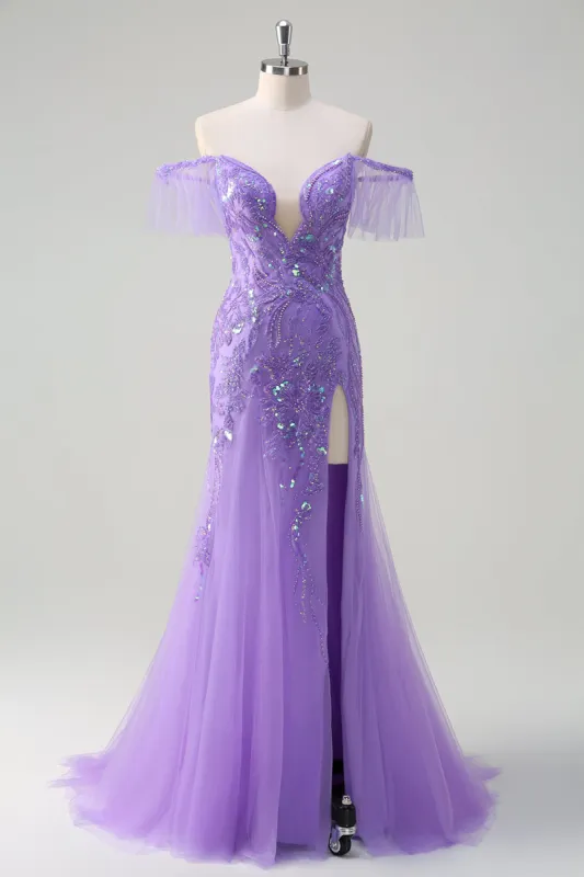 Sparkly Purple Tulle Mermaid Off the Shoulder Sequin Prom Dress with Slit sold by Zapaka