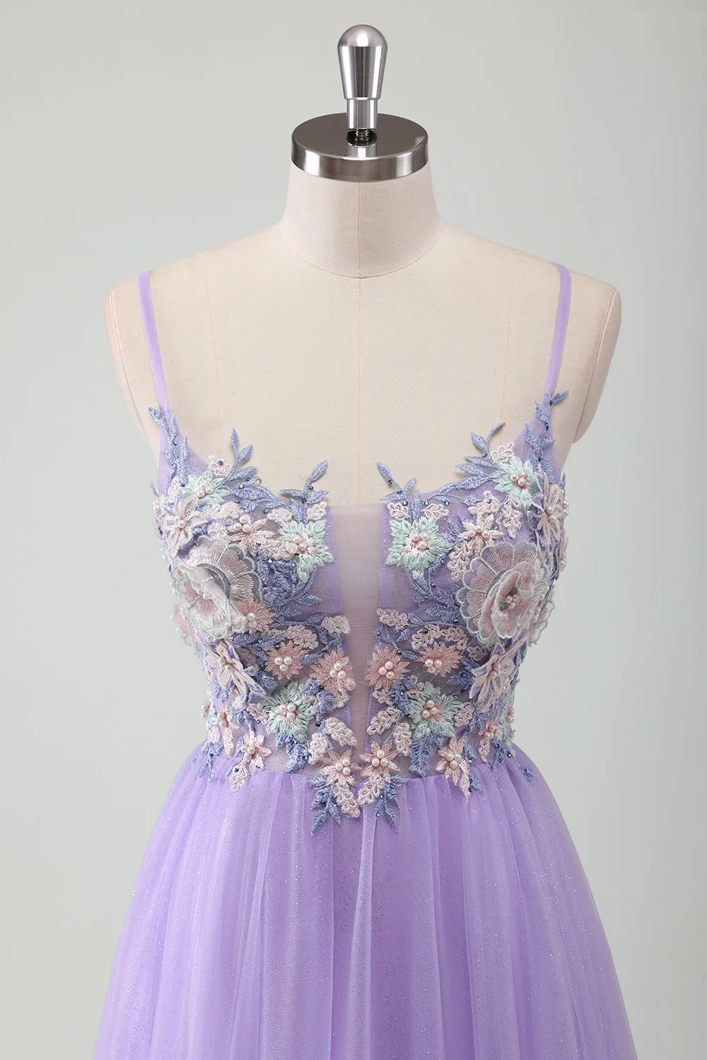 Purple Tulle A-Line Spaghetti Straps Open Back Long Prom Dress with Appliques sold by Zapaka product image thumbnail 4
