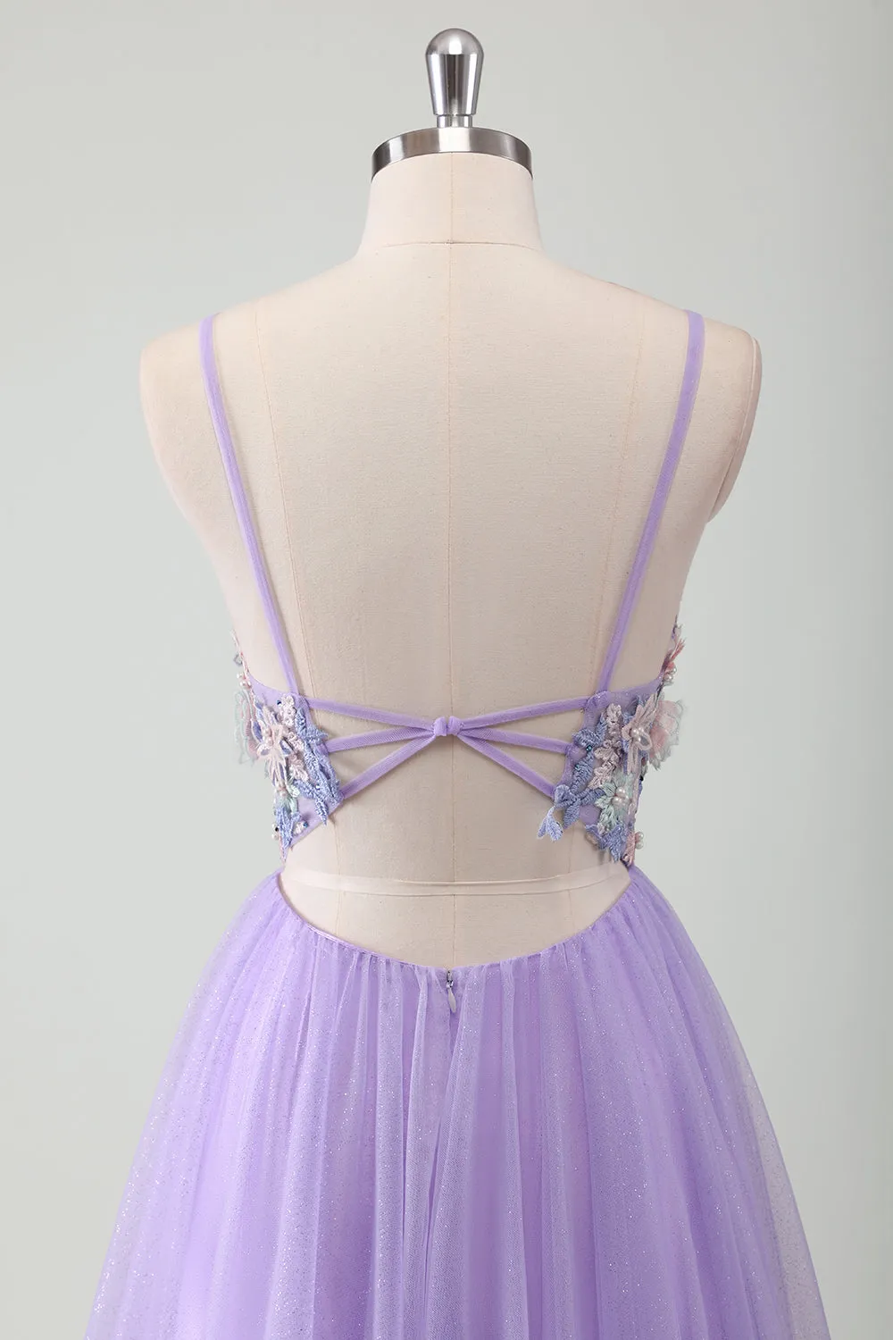 Purple Tulle A-Line Spaghetti Straps Open Back Long Prom Dress with Appliques sold by Zapaka product image thumbnail 5
