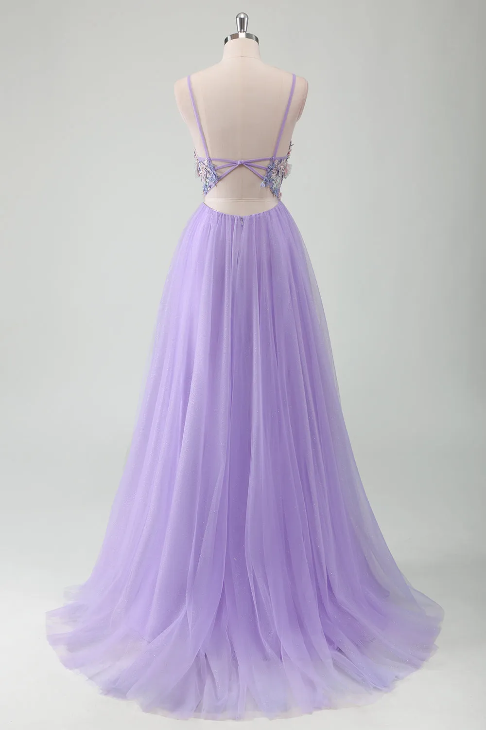 Purple Tulle A-Line Spaghetti Straps Open Back Long Prom Dress with Appliques sold by Zapaka product image thumbnail 2