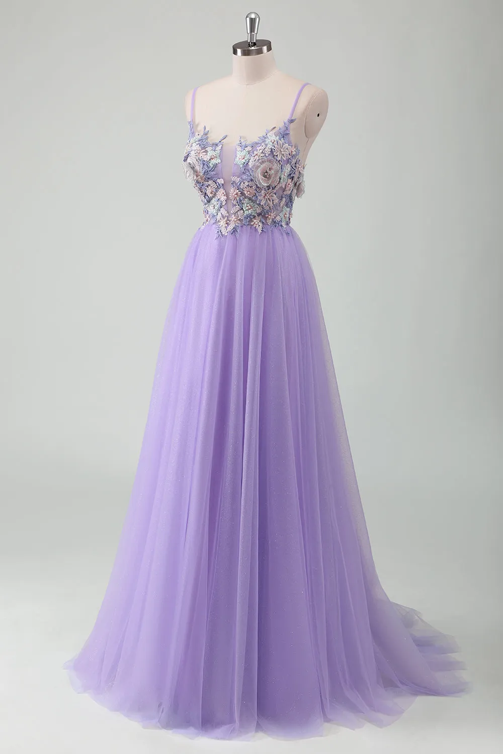 Purple Tulle A-Line Spaghetti Straps Open Back Long Prom Dress with Appliques sold by Zapaka product image thumbnail 3