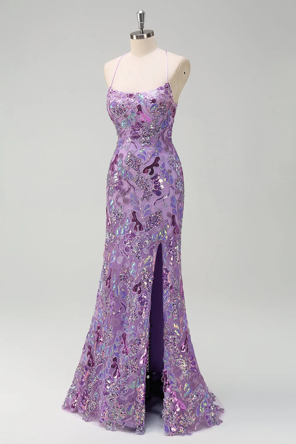 Sparkly Purple Mermaid Spaghetti Straps Sequin Prom Dress with Slit sold by Zapaka product image thumbnail 3