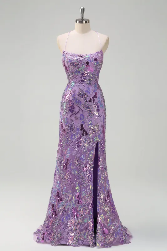 Sparkly Purple Mermaid Spaghetti Straps Sequin Prom Dress with Slit sold by Zapaka
