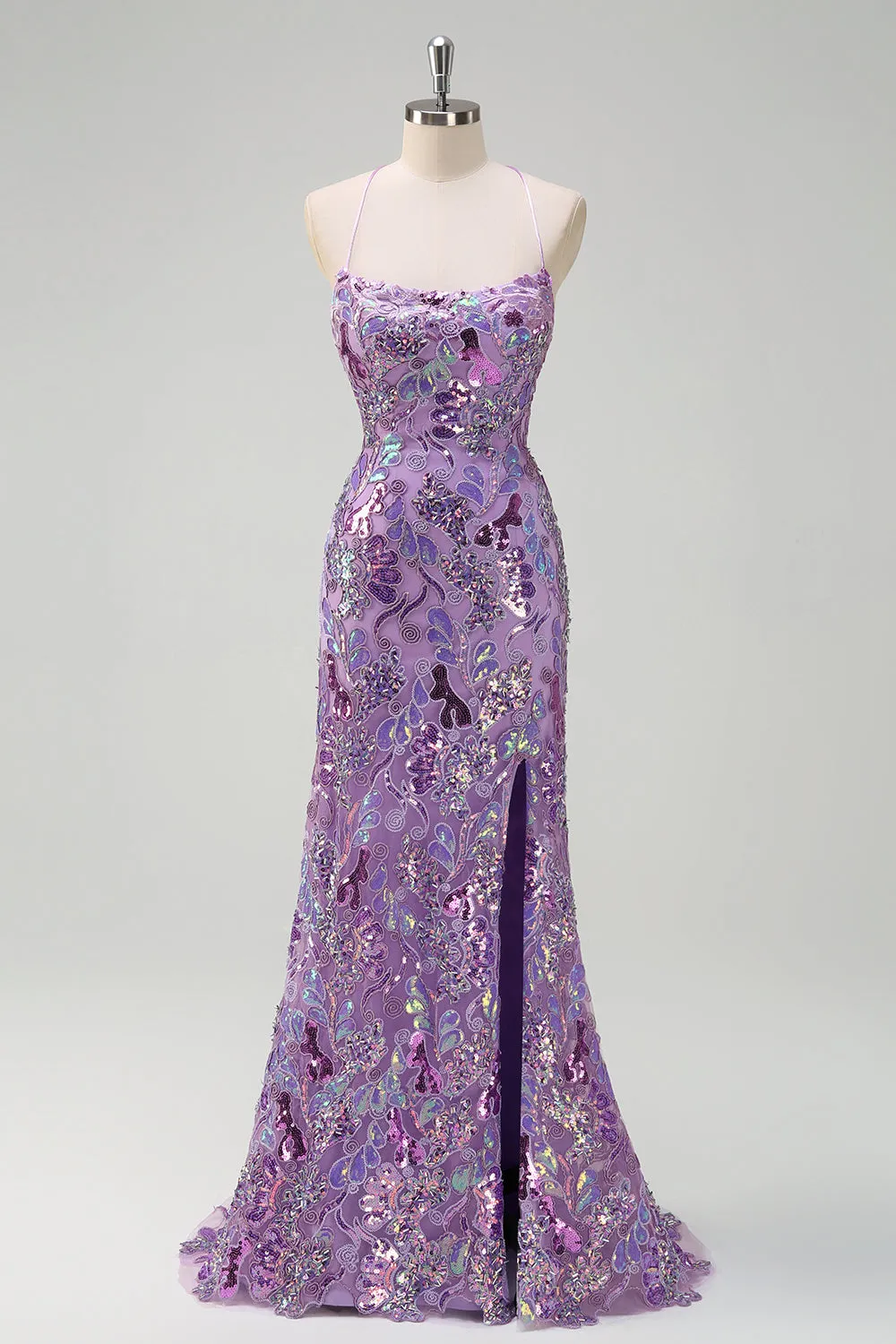 Sparkly Purple Mermaid Spaghetti Straps Sequin Prom Dress with Slit sold by Zapaka