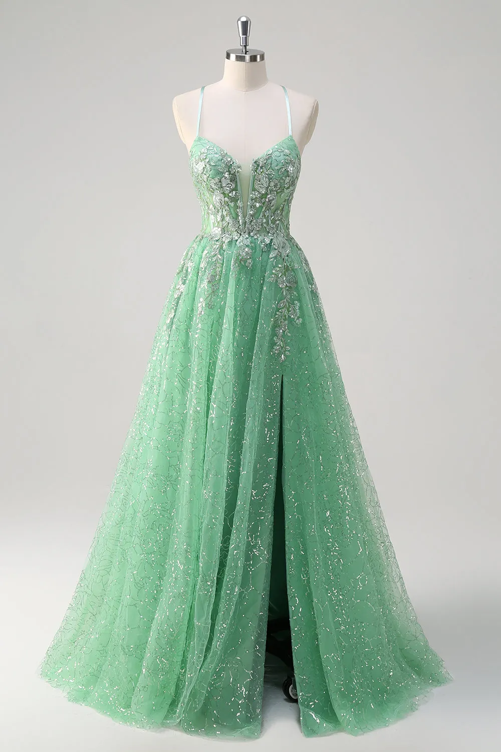 Sparkly Light Green A Line Spaghetti Straps Corset Tulle Prom Dress with Slit sold by Zapaka