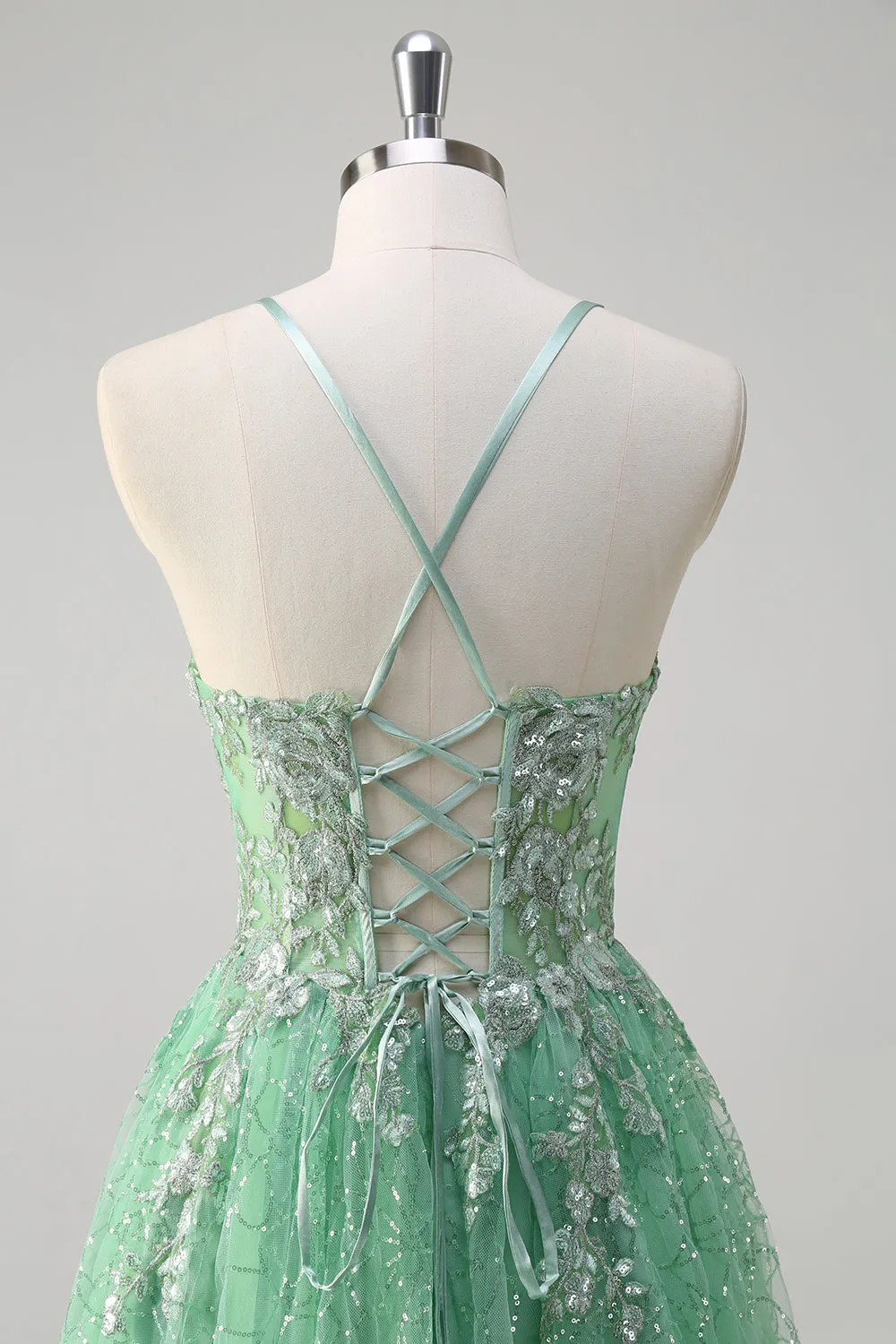 Sparkly Light Green A Line Spaghetti Straps Corset Tulle Prom Dress with Slit sold by Zapaka product image thumbnail 5