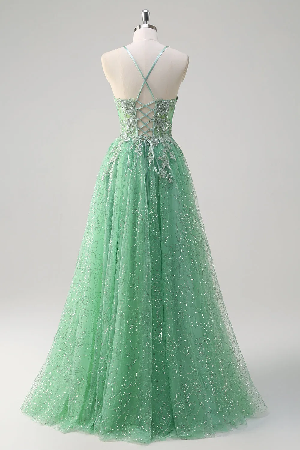 Sparkly Light Green A Line Spaghetti Straps Corset Tulle Prom Dress with Slit sold by Zapaka product image thumbnail 2