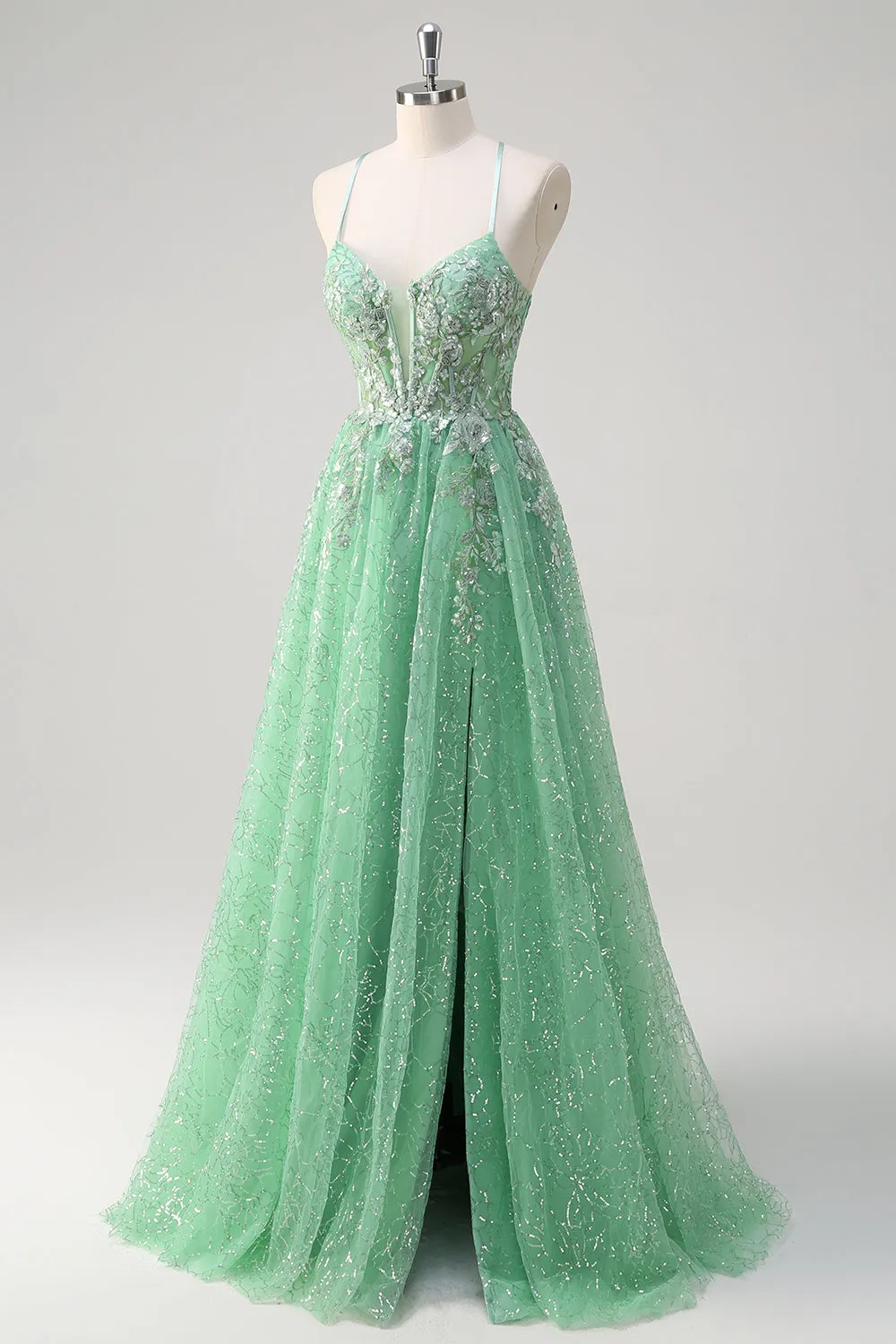 Sparkly Light Green A Line Spaghetti Straps Corset Tulle Prom Dress with Slit sold by Zapaka product image thumbnail 3