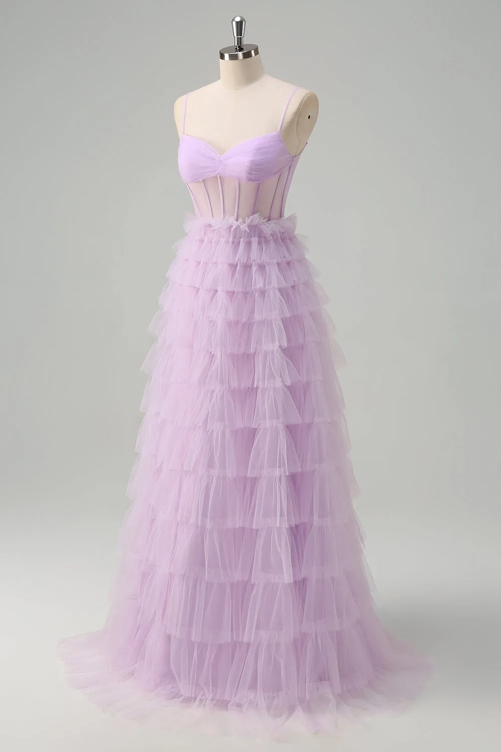 Light Purple A-Line Tiered Corset Sheer Long Prom Dress with Ruffles sold by Zapaka product image thumbnail 3