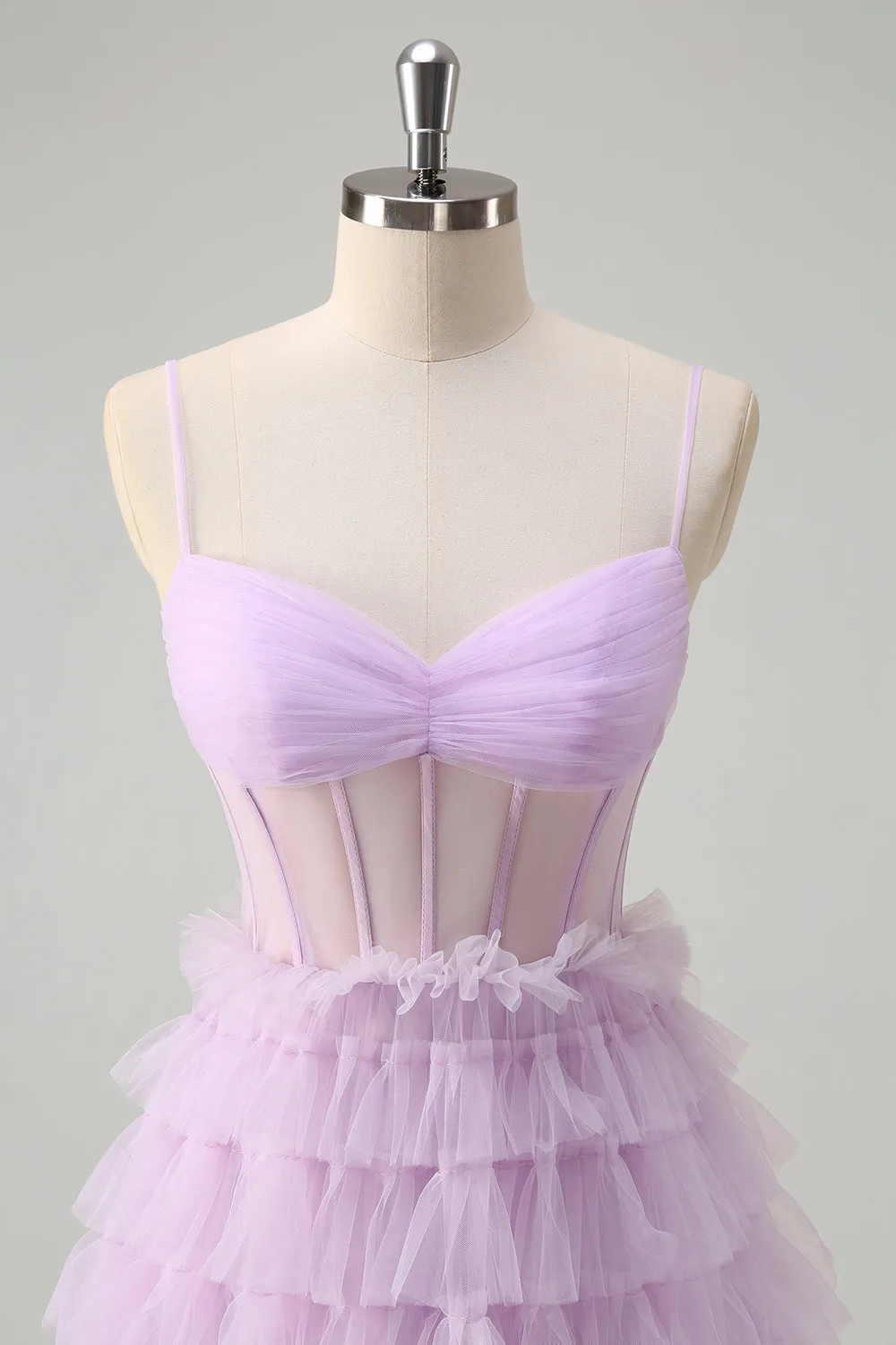 Light Purple A-Line Tiered Corset Sheer Long Prom Dress with Ruffles sold by Zapaka product image thumbnail 4