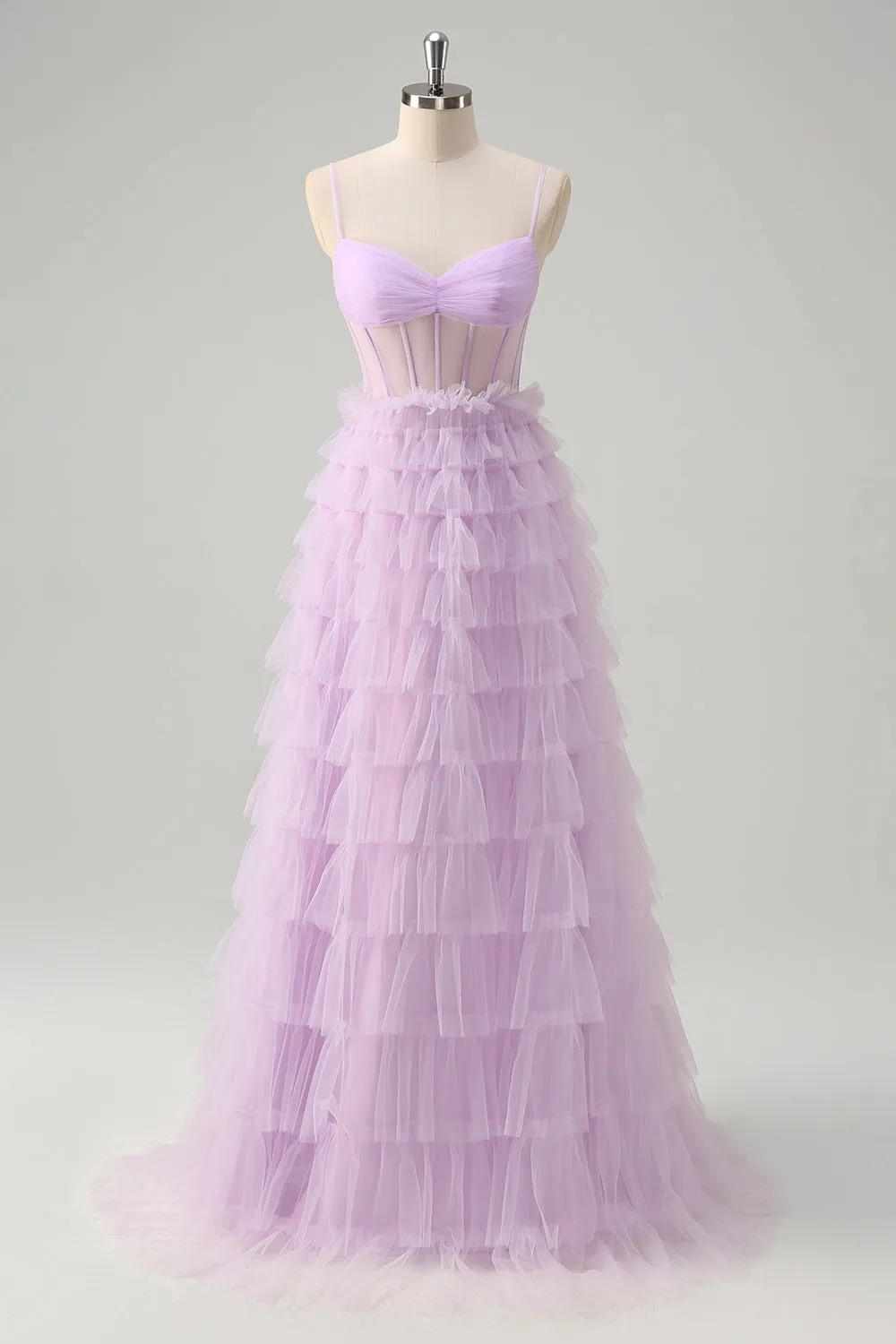 Light Purple A-Line Tiered Corset Sheer Long Prom Dress with Ruffles sold by Zapaka