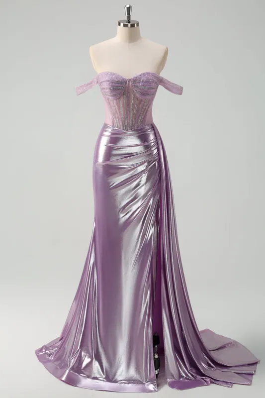 Light Purple Off The Shoulder Watteau Train Mermaid Corset Metallic Prom Dress sold by Zapaka