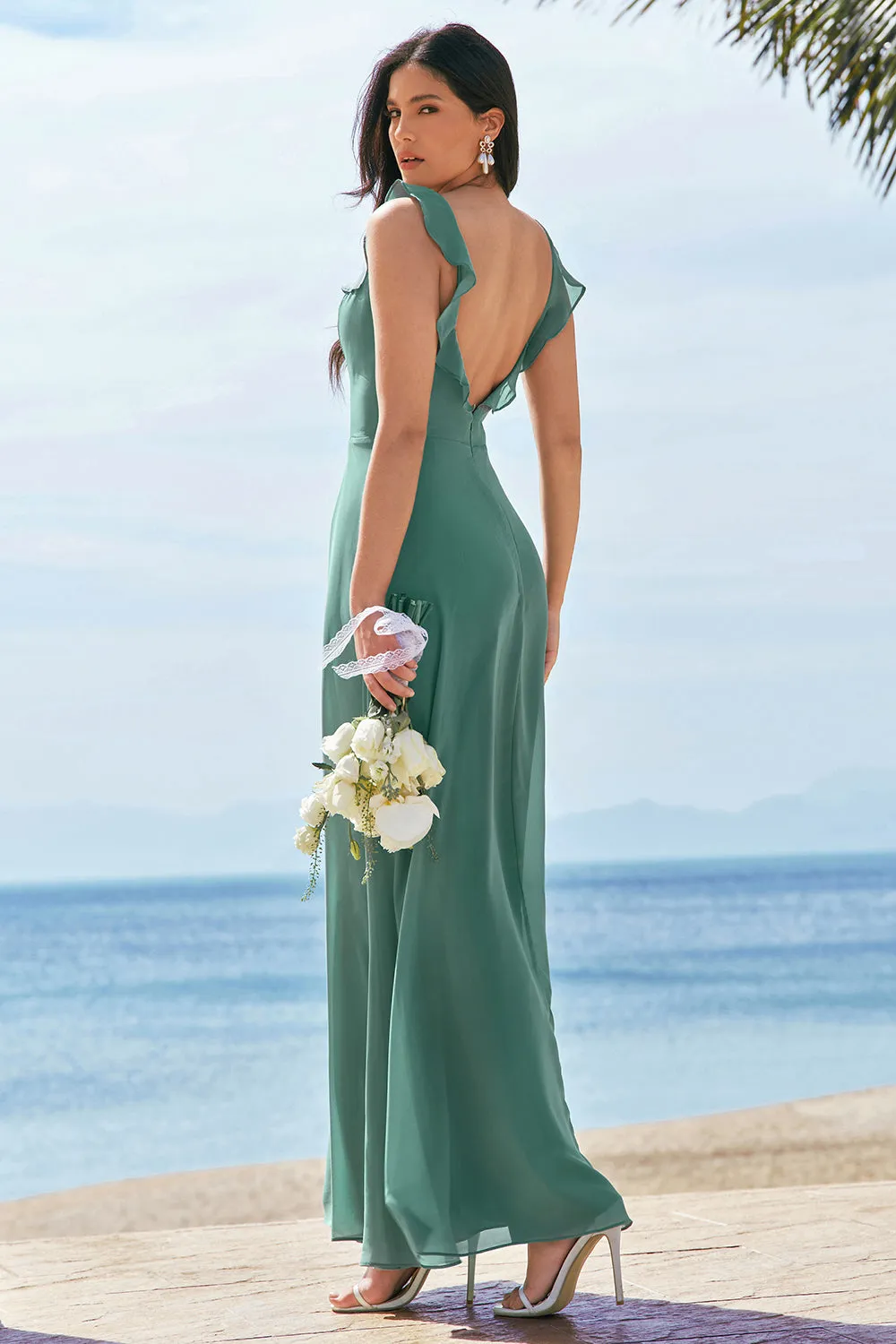 Eucalyptus A-Line Spaghetti Straps Chiffon Long Bridesmaid Dress with Slit sold by Zapaka product image thumbnail 2
