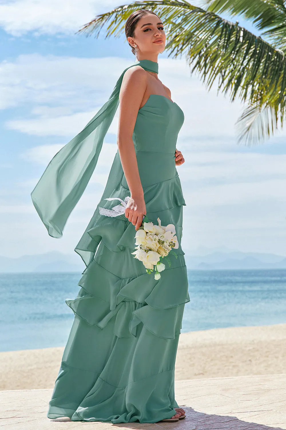 Eucalyptus A Line Strapless Ruffled Long Bridesmaid Dress with Ribbon sold by Zapaka product image thumbnail 4