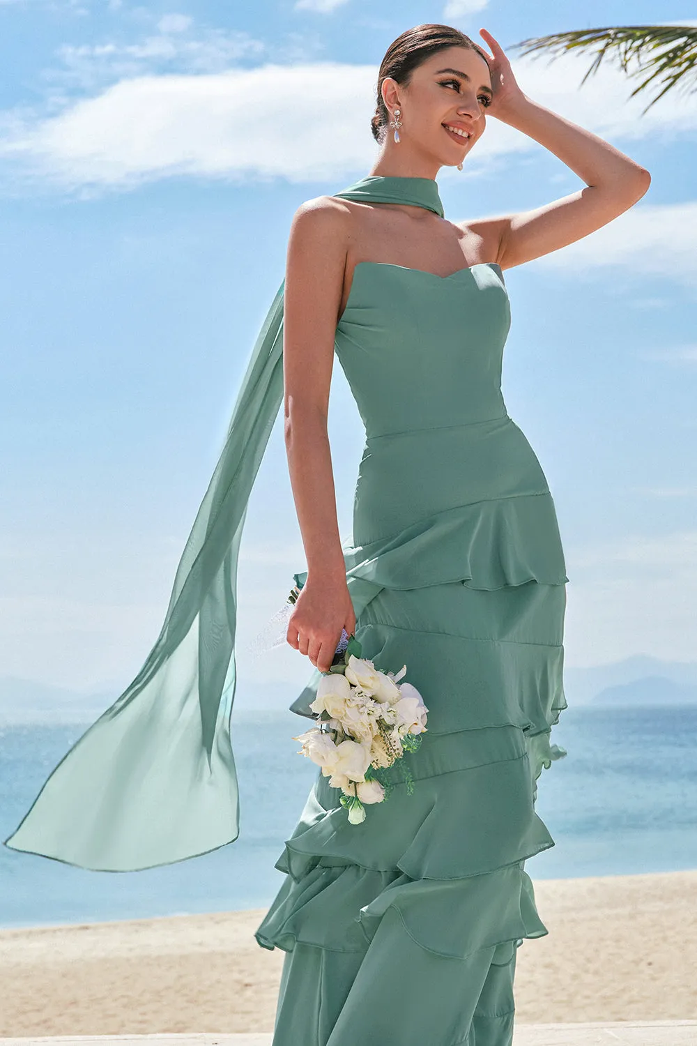 Eucalyptus A Line Strapless Ruffled Long Bridesmaid Dress with Ribbon sold by Zapaka product image thumbnail 5