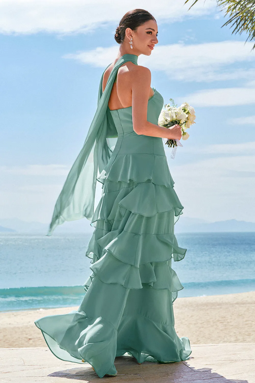 Eucalyptus A Line Strapless Ruffled Long Bridesmaid Dress with Ribbon sold by Zapaka product image thumbnail 2