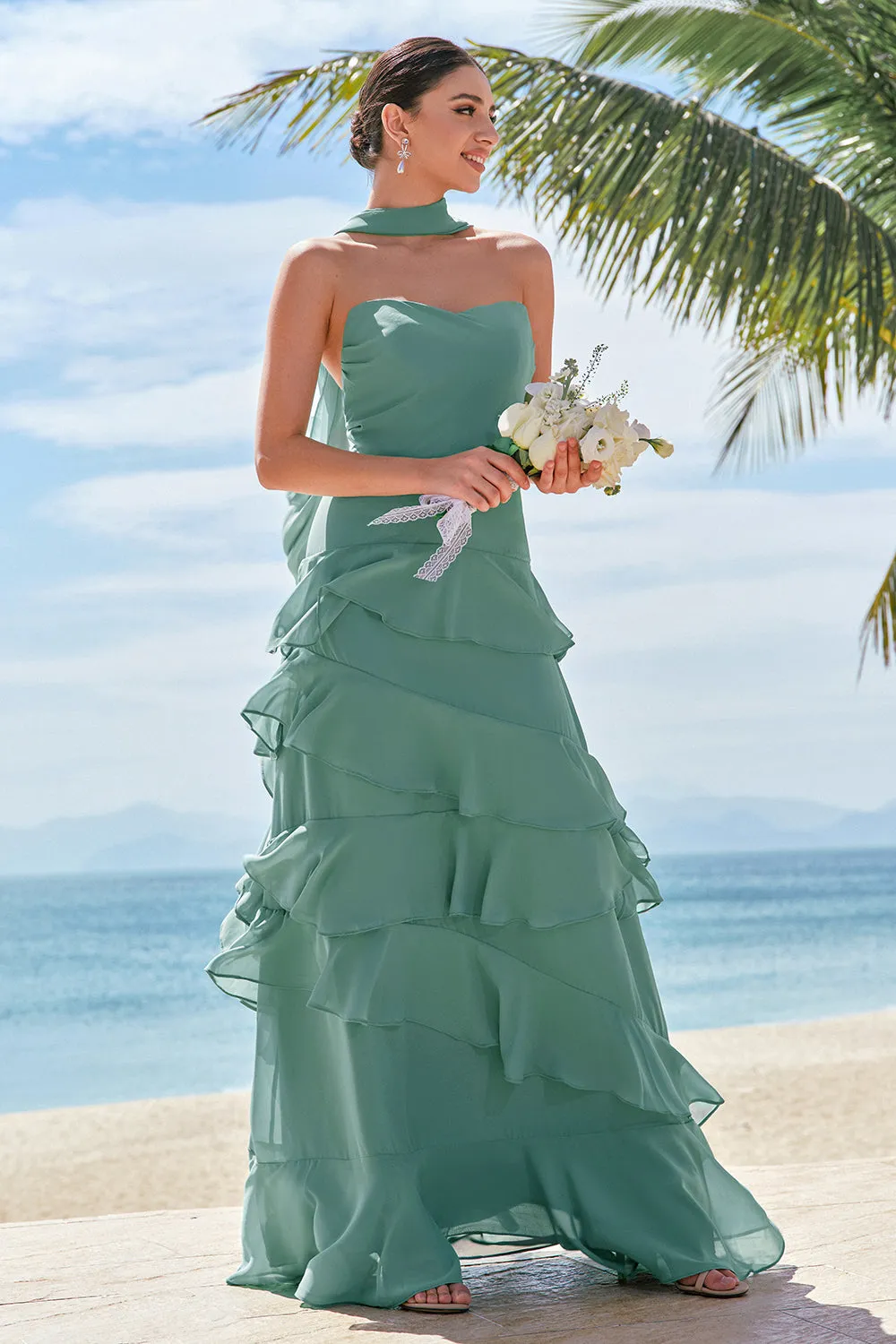 Eucalyptus A Line Strapless Ruffled Long Bridesmaid Dress with Ribbon sold by Zapaka product image thumbnail 3