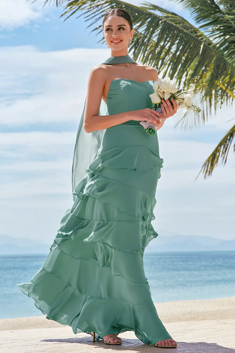 Eucalyptus A Line Strapless Ruffled Long Bridesmaid Dress with Ribbon sold by Zapaka