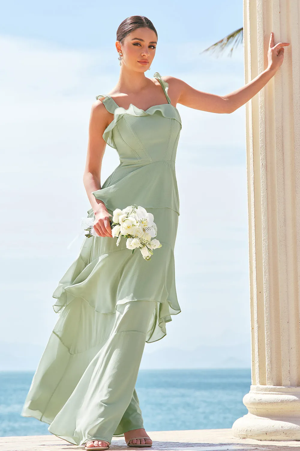 Light Green A-Line Tiered Chiffon Corset Long Bridesmaid Dress sold by Zapaka