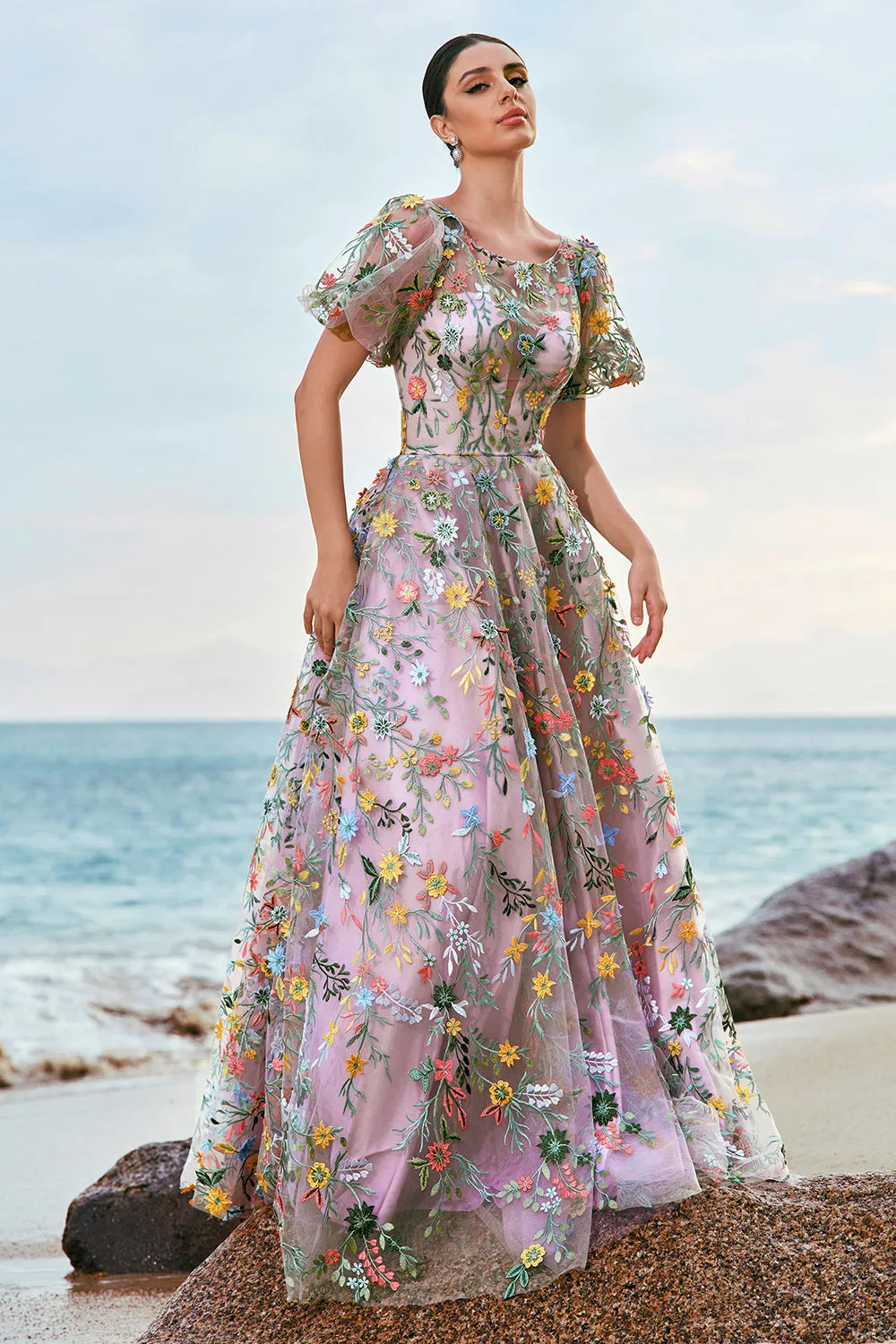 Mauve Ball-Gown/Princess Long Embroidered Prom Dress with Short Sleeves sold by Zapaka product image thumbnail 3