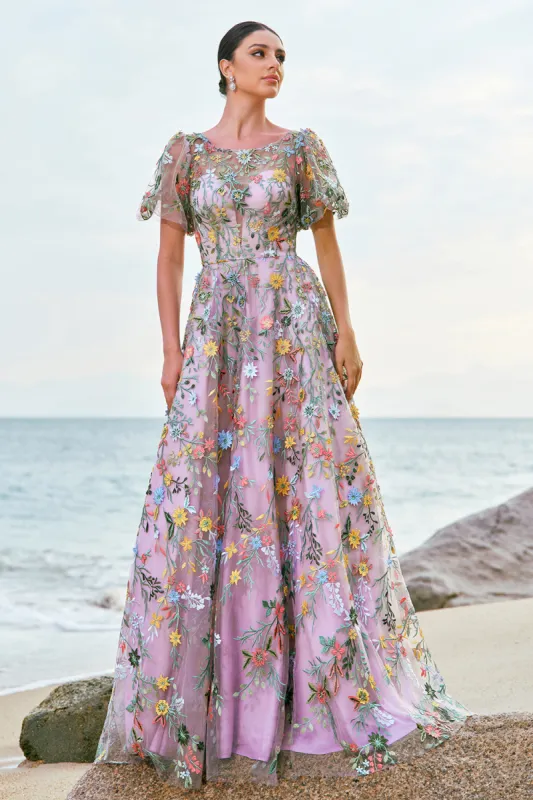 Mauve Ball-Gown/Princess Long Embroidered Prom Dress with Short Sleeves sold by Zapaka