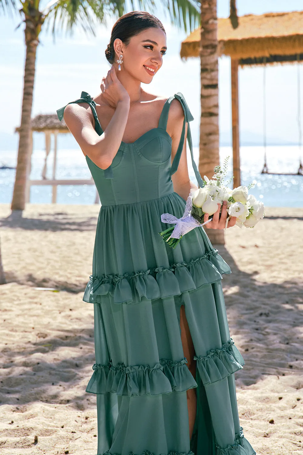Eucalyptus A-Line Bow Tie Straps Corset Chiffon Long Bridesmaid Dress with Slit sold by Zapaka product image thumbnail 5