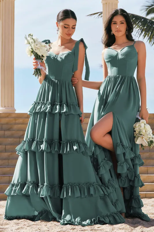 Eucalyptus A-Line Bow Tie Straps Corset Chiffon Long Bridesmaid Dress with Slit sold by Zapaka
