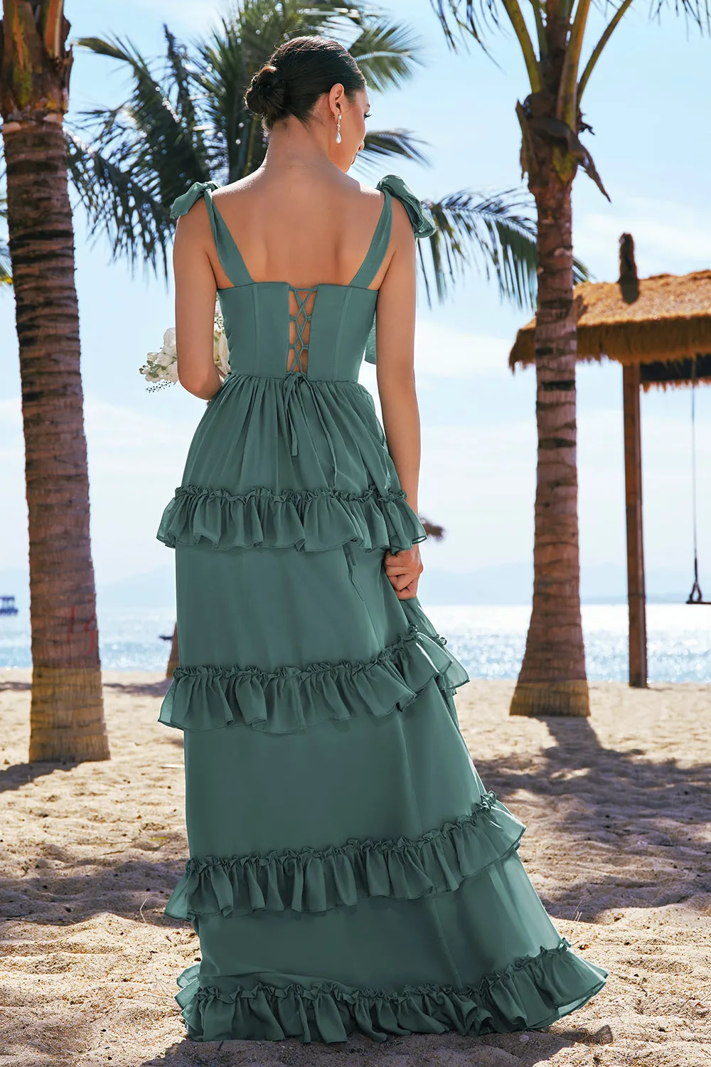 Eucalyptus A-Line Bow Tie Straps Corset Chiffon Long Bridesmaid Dress with Slit sold by Zapaka product image thumbnail 2