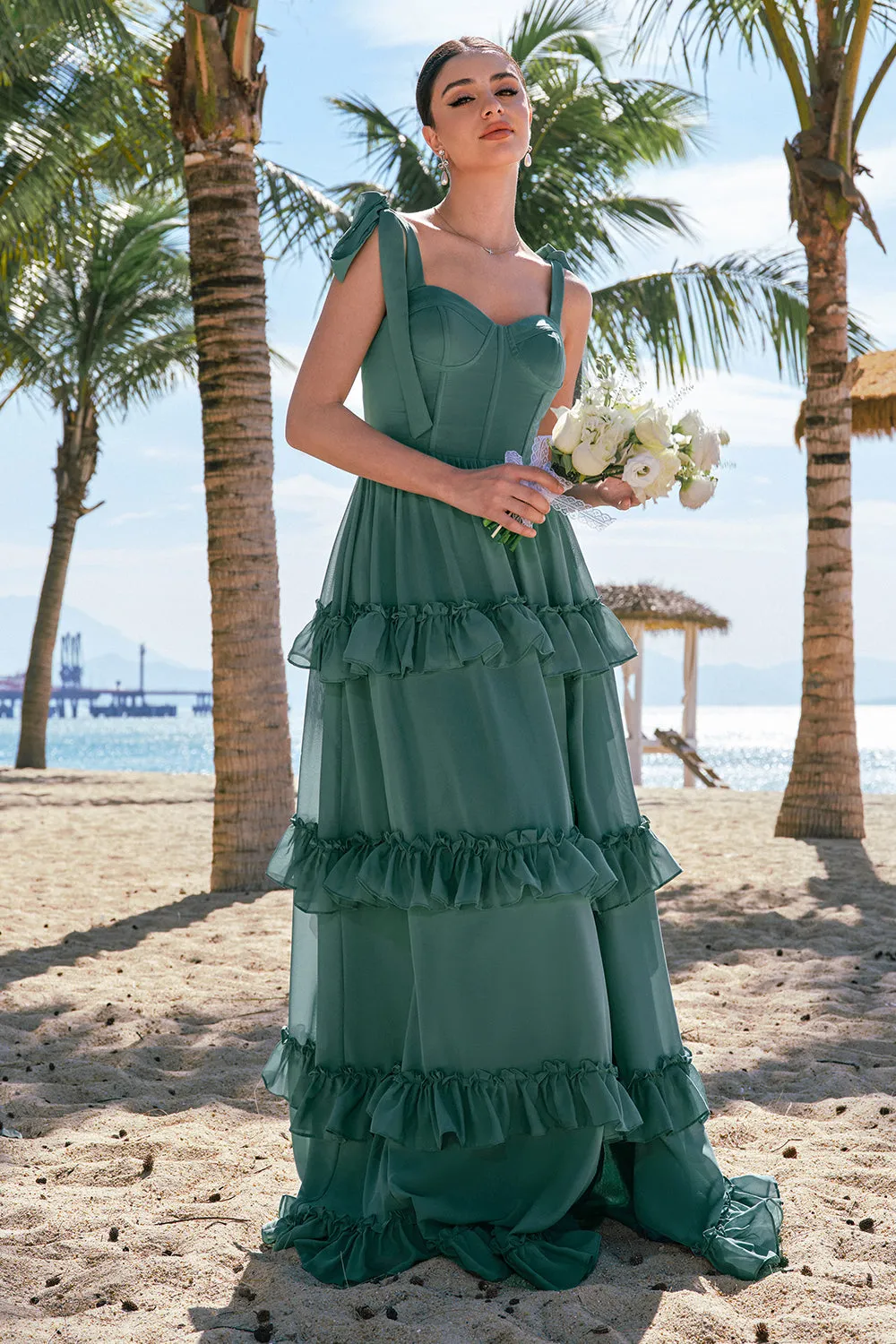 Eucalyptus A-Line Bow Tie Straps Corset Chiffon Long Bridesmaid Dress with Slit sold by Zapaka product image thumbnail 3