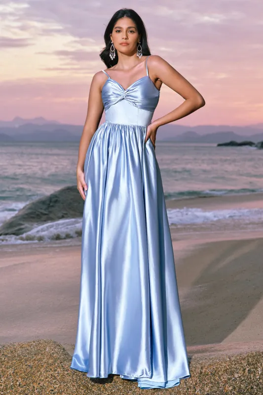 Sky Blue A-Line Spaghetti Straps Ruched Split Long Bridesmaid Dress with Lace Up Back sold by Zapaka