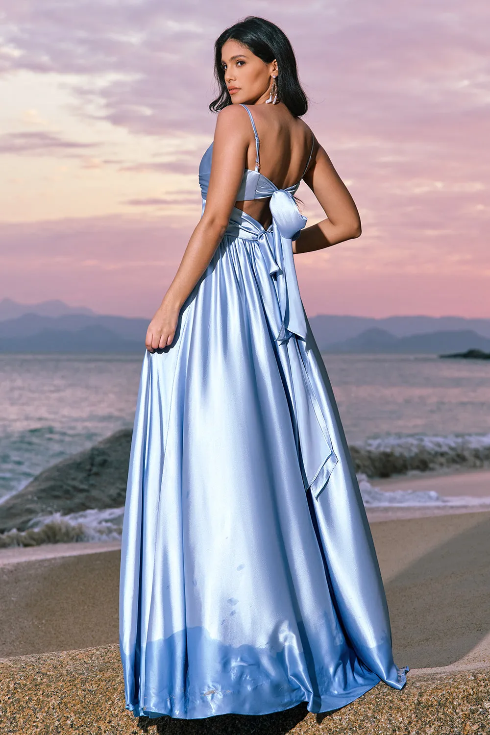 Sky Blue A-Line Spaghetti Straps Ruched Split Long Bridesmaid Dress with Lace Up Back sold by Zapaka product image thumbnail 2