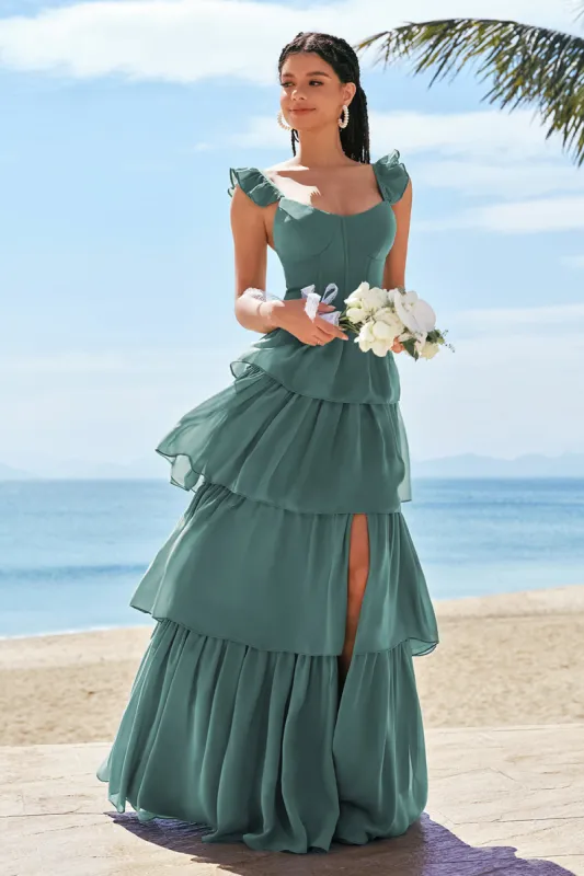Eucalyptus A-Line Corset Tiered Long Bridesmaid Dress with Ruffle Slit sold by Zapaka