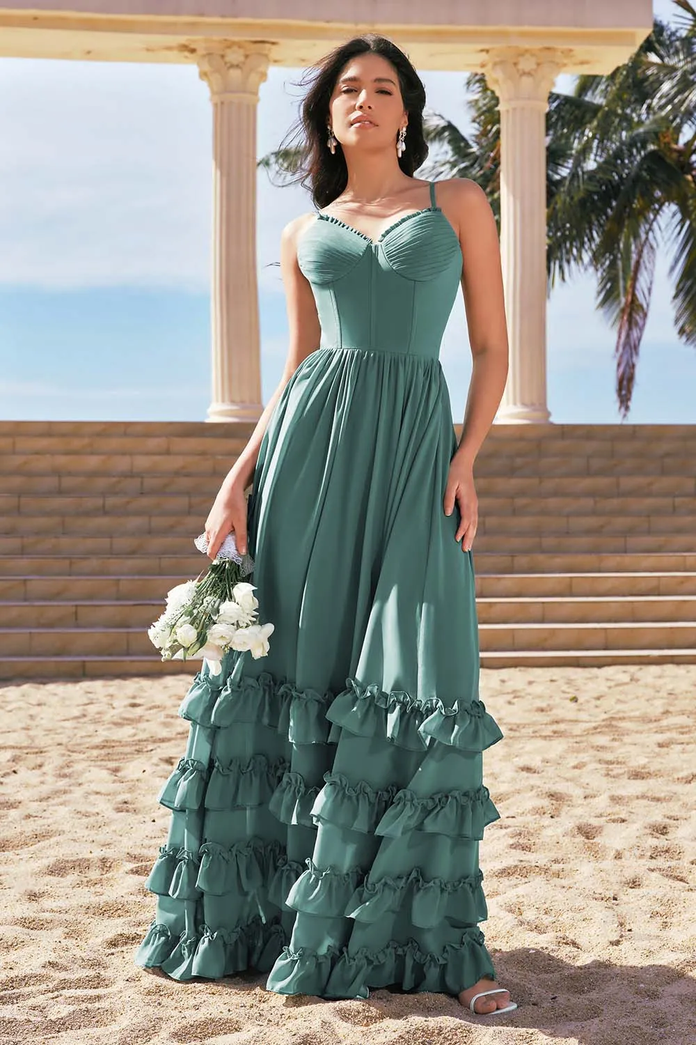 Eucalyptus A-Line Corset Ruched Chiffon Long Bridesmaid Dress with Slit sold by Zapaka