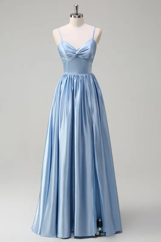 Sky Blue Spaghetti Straps A-Line Long Bridesmaid Dress sold by Zapaka