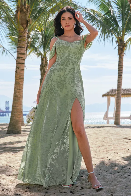 Dusty Sage Cold Shoulder A-Line Jacquard Long Bridesmaid Dress with Slit sold by Zapaka