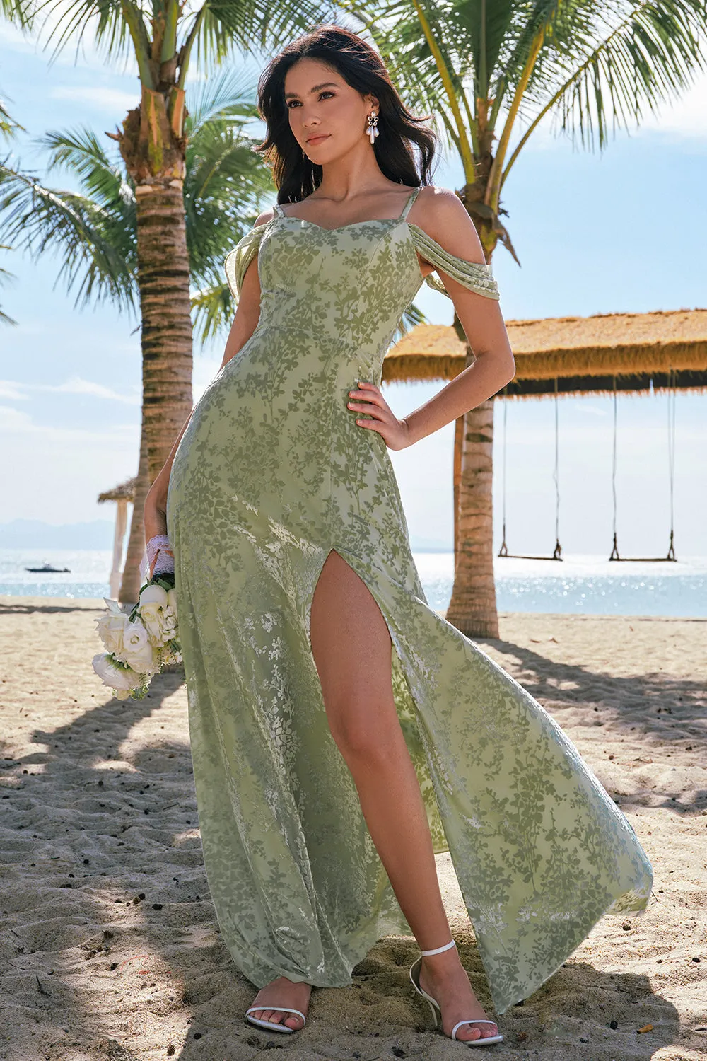 Dusty Sage Cold Shoulder A-Line Jacquard Long Bridesmaid Dress with Slit sold by Zapaka product image thumbnail 4