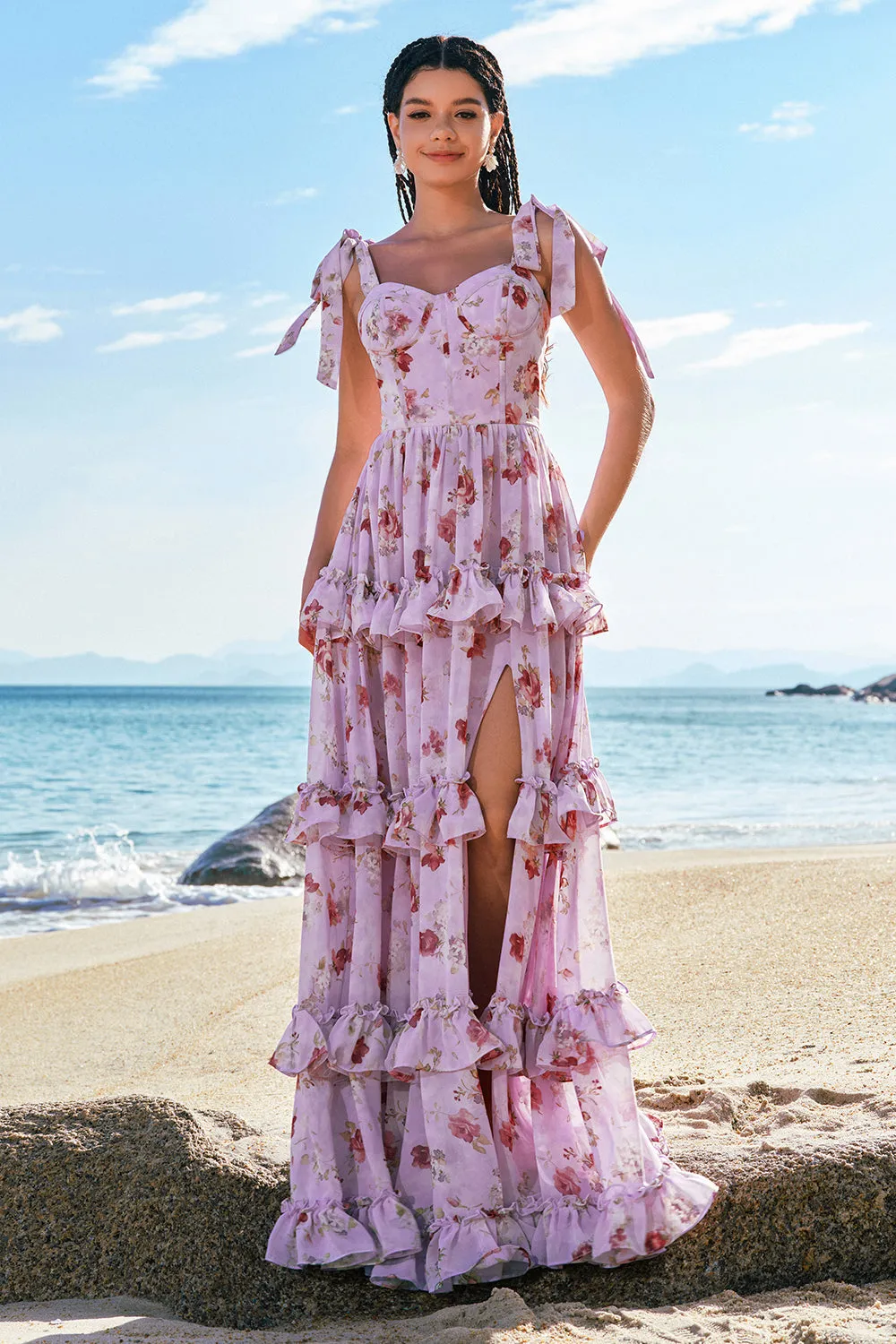 Grey Purple A-Line Tiered Print Floral Bridesmaid Dress with Ruffle Slit sold by Zapaka product image thumbnail 4