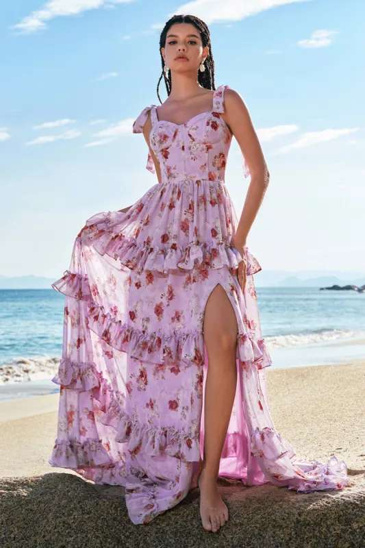 Grey Purple A-Line Tiered Print Floral Bridesmaid Dress with Ruffle Slit sold by Zapaka