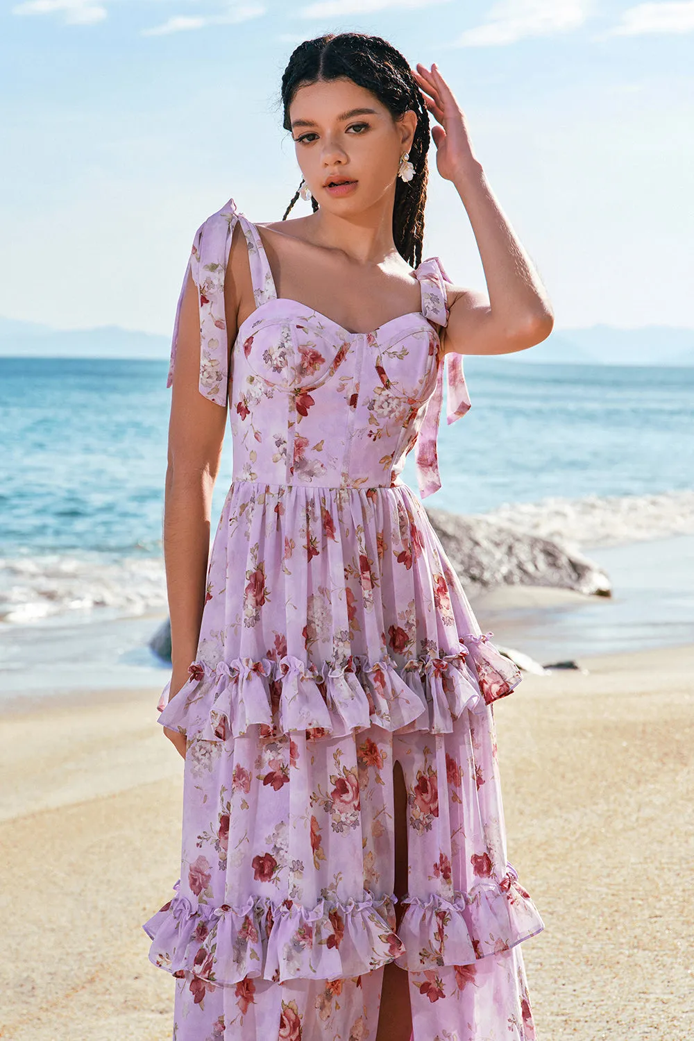 Grey Purple A-Line Tiered Print Floral Bridesmaid Dress with Ruffle Slit sold by Zapaka product image thumbnail 5