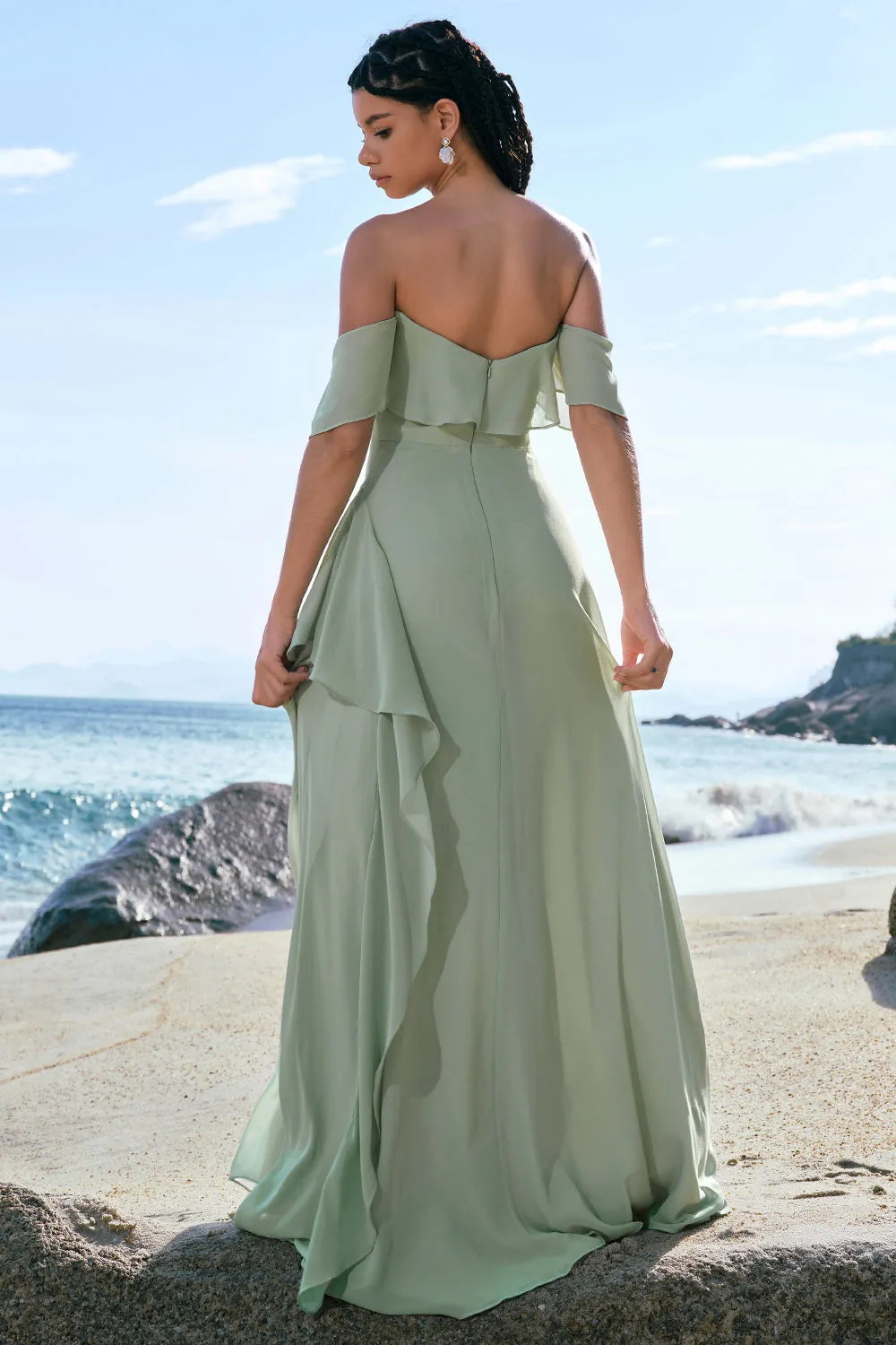 Light Green Mermaid Off the Shoulder Long Bridesmaid Dress with Ruffle Slit sold by Zapaka product image thumbnail 2