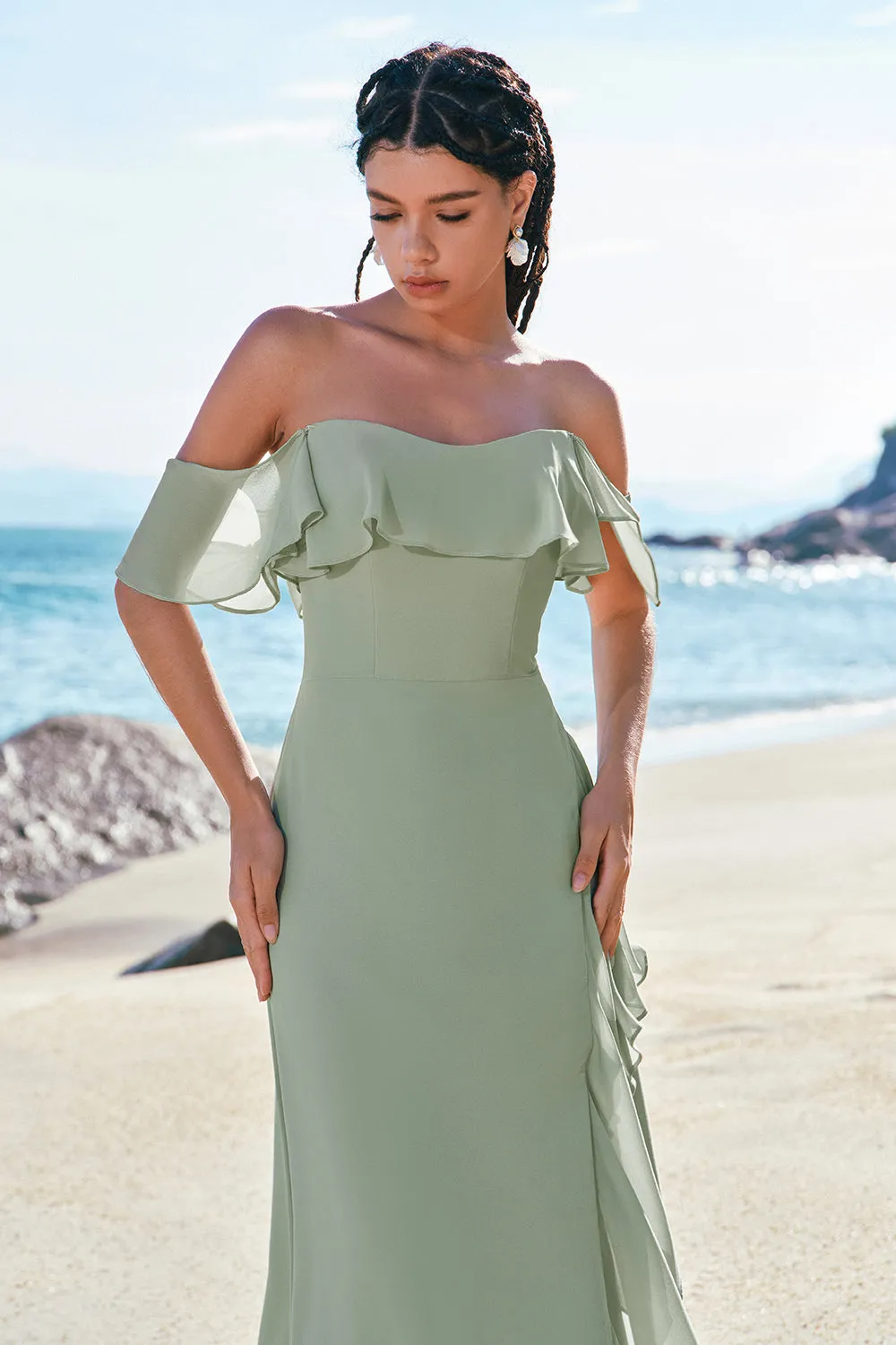 Light Green Mermaid Off the Shoulder Long Bridesmaid Dress with Ruffle Slit sold by Zapaka product image thumbnail 5