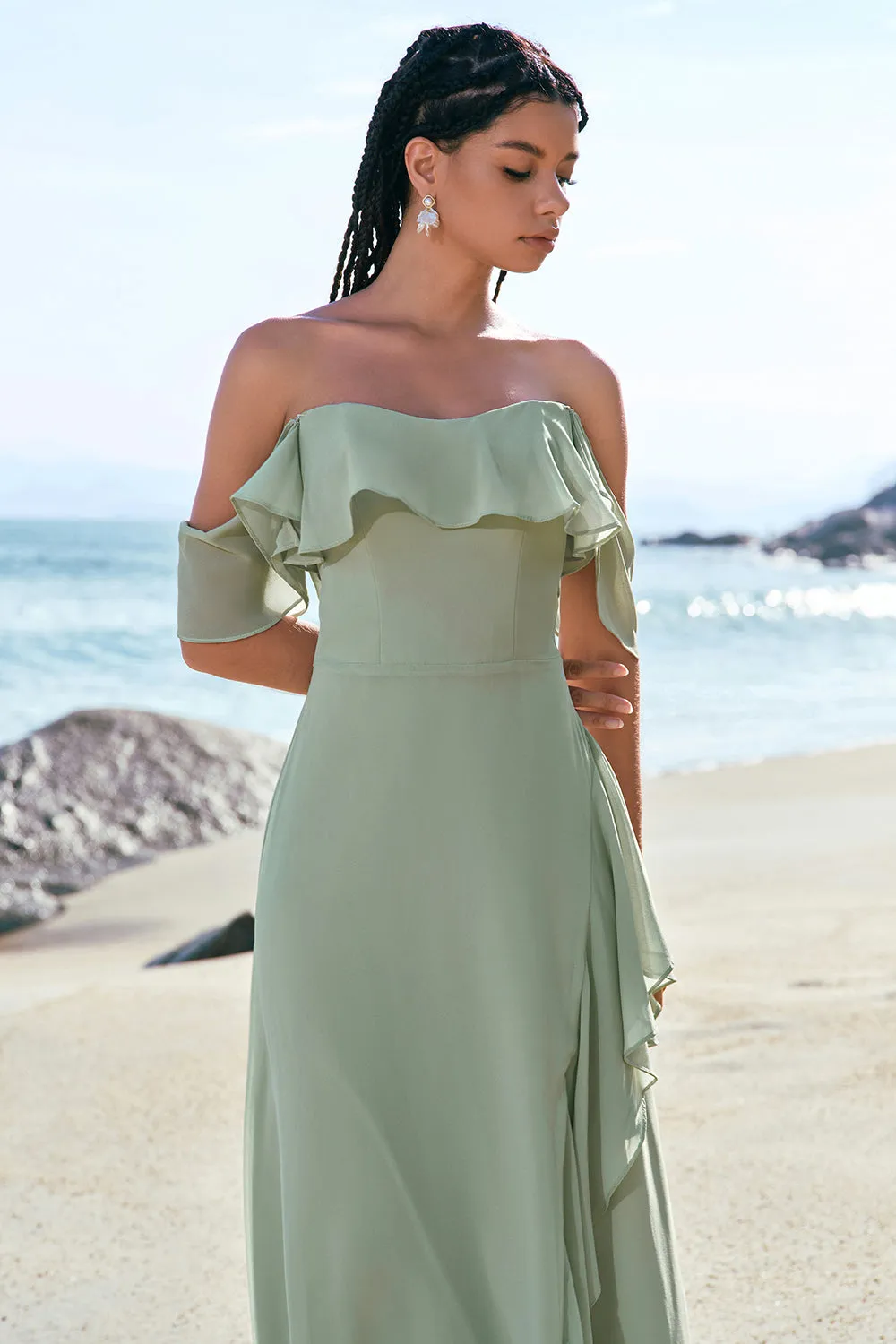 Light Green Mermaid Off the Shoulder Long Bridesmaid Dress with Ruffle Slit sold by Zapaka product image thumbnail 4