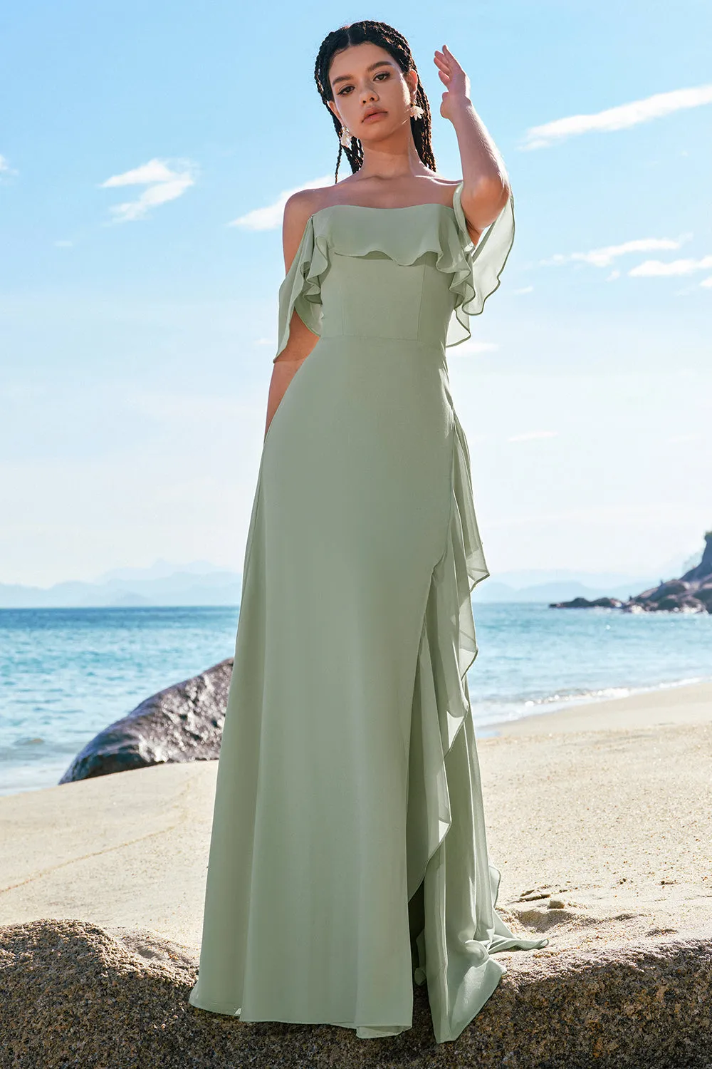 Light Green Mermaid Off the Shoulder Long Bridesmaid Dress with Ruffle Slit sold by Zapaka