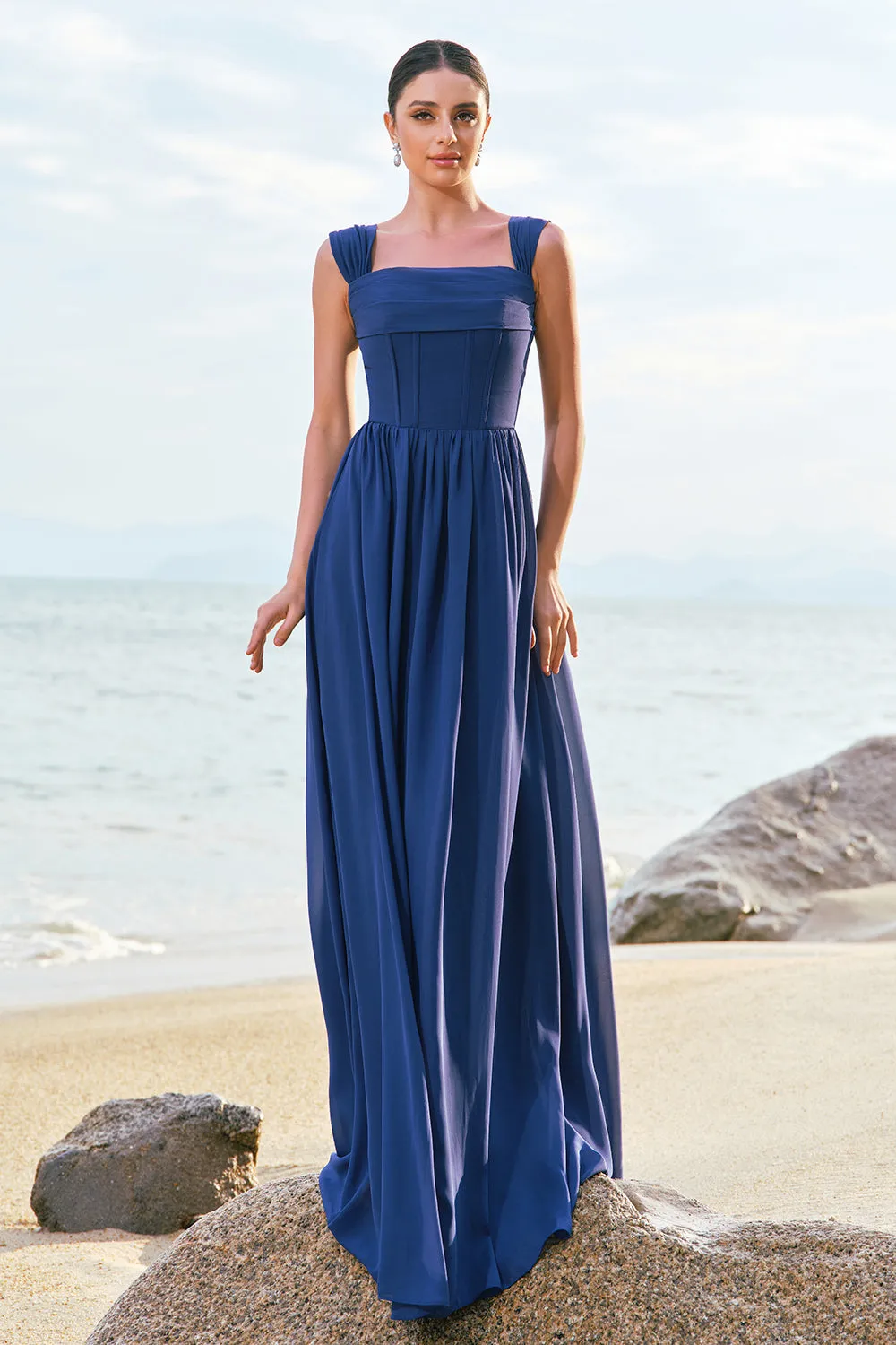 A-Line Square Neck Corset Dark Blue Long Bridesmaid Dress with Lace Up Back sold by Zapaka