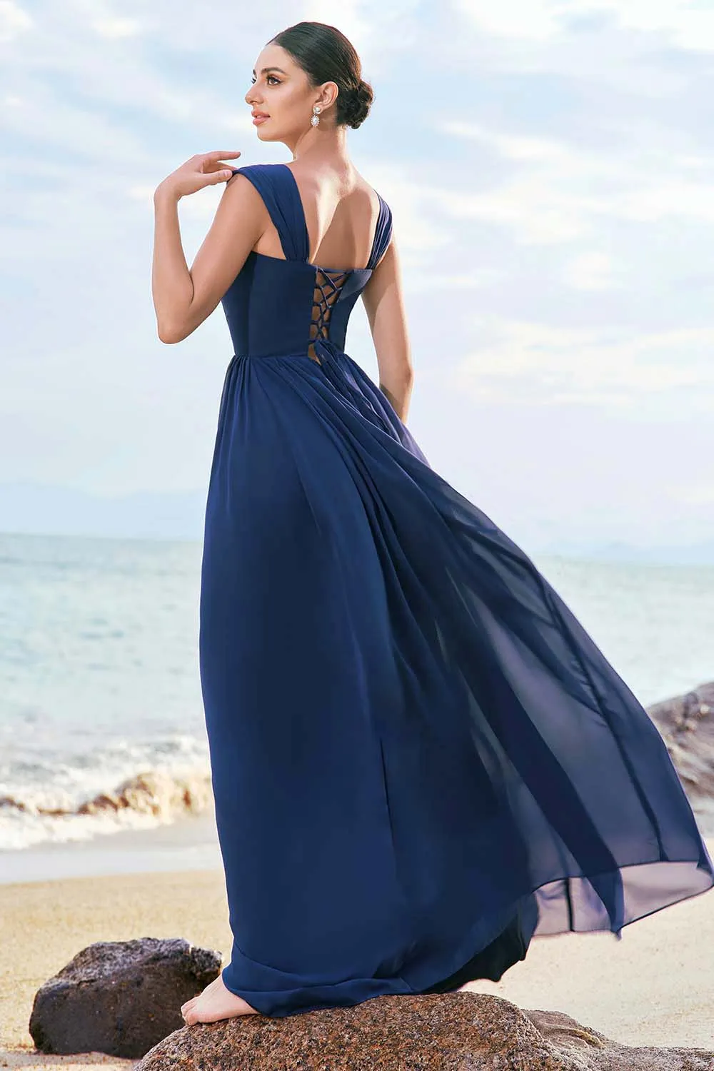 A-Line Square Neck Corset Dark Blue Long Bridesmaid Dress with Lace Up Back sold by Zapaka product image thumbnail 2