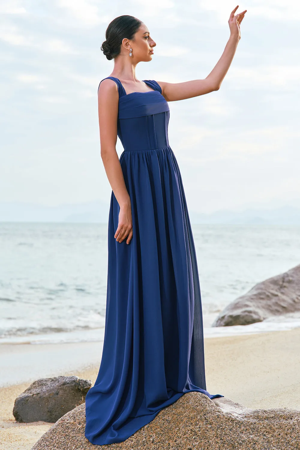 A-Line Square Neck Corset Dark Blue Long Bridesmaid Dress with Lace Up Back sold by Zapaka product image thumbnail 4