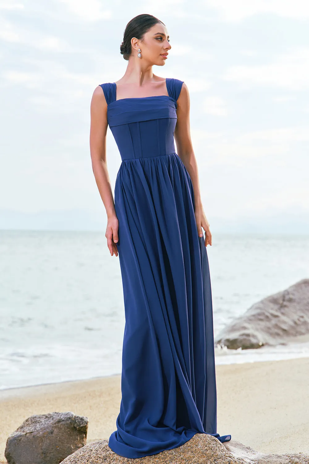 A-Line Square Neck Corset Dark Blue Long Bridesmaid Dress with Lace Up Back sold by Zapaka product image thumbnail 3