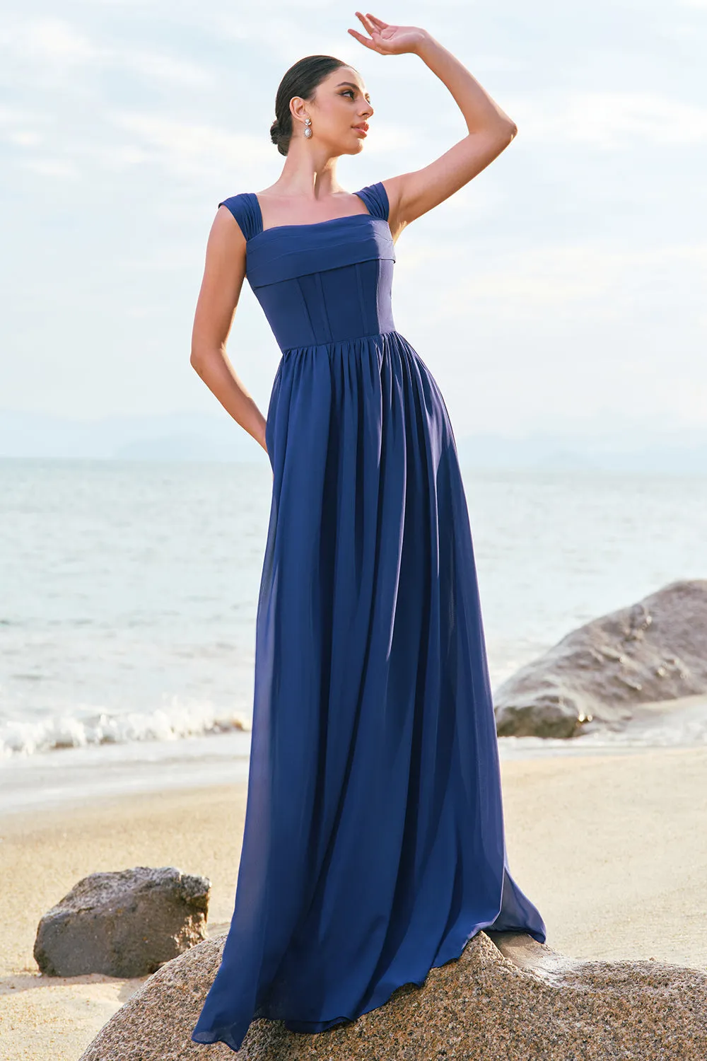 A-Line Square Neck Corset Dark Blue Long Bridesmaid Dress with Lace Up Back sold by Zapaka product image thumbnail 5