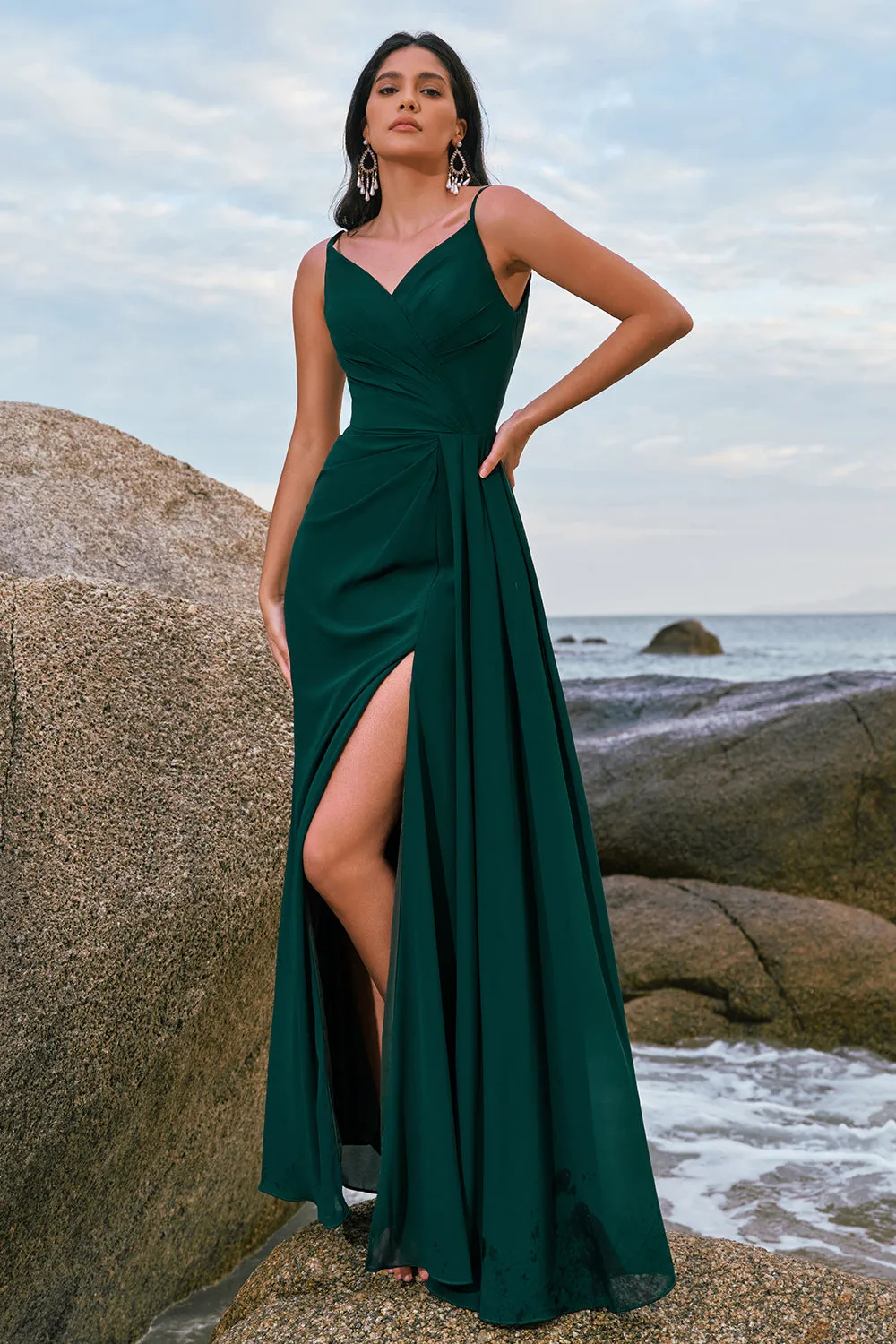 Dark Green A Line Spaghetti Straps Ruched Long Bridesmaid Dress with Slit sold by Zapaka